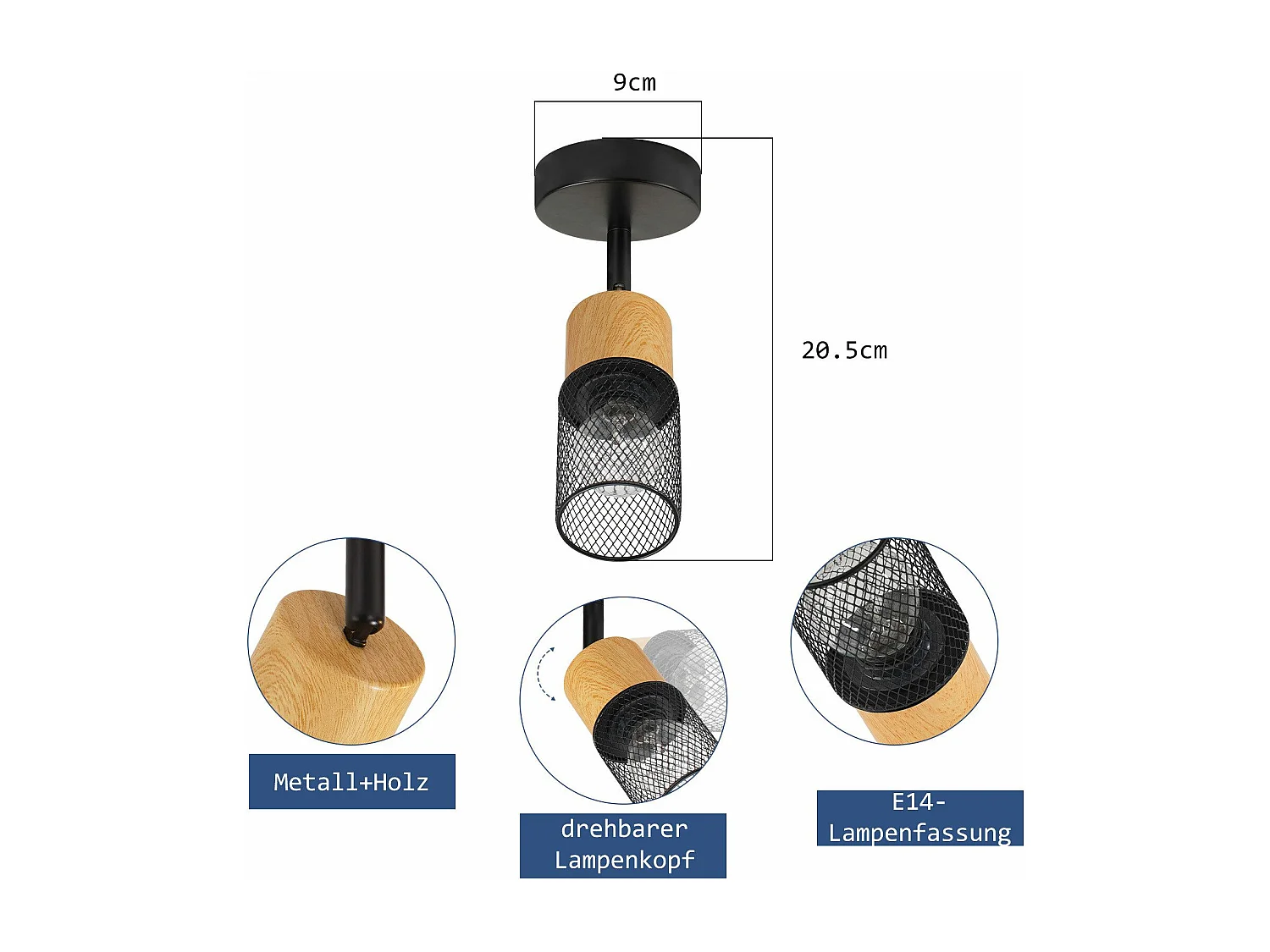 NETTLIFE Foco de techo de madera E14, luz de techo, foco de pared ajustable 350°, lámpara de cocina vintage