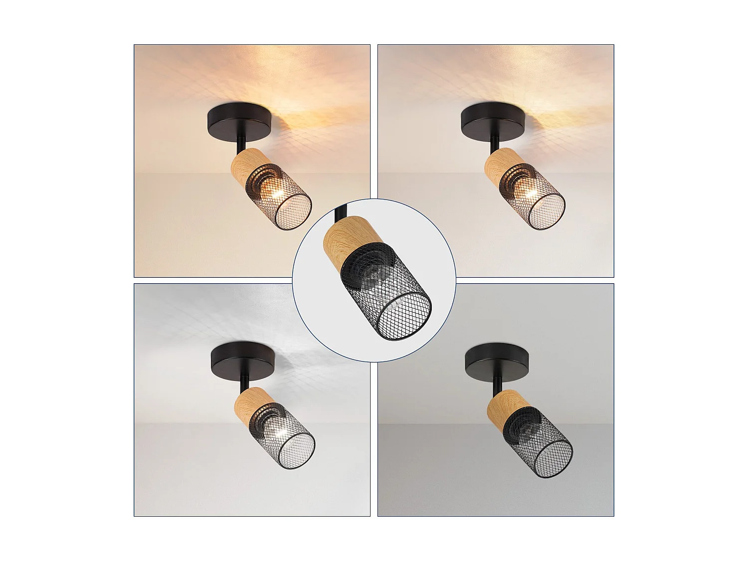 NETTLIFE Foco de techo de madera E14, luz de techo, foco de pared ajustable 350°, lámpara de cocina vintage