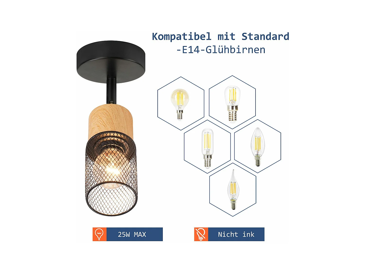 NETTLIFE Spot de plafond bois E14 plafonnier 350° spot mural orientable lampe de cuisine vintage