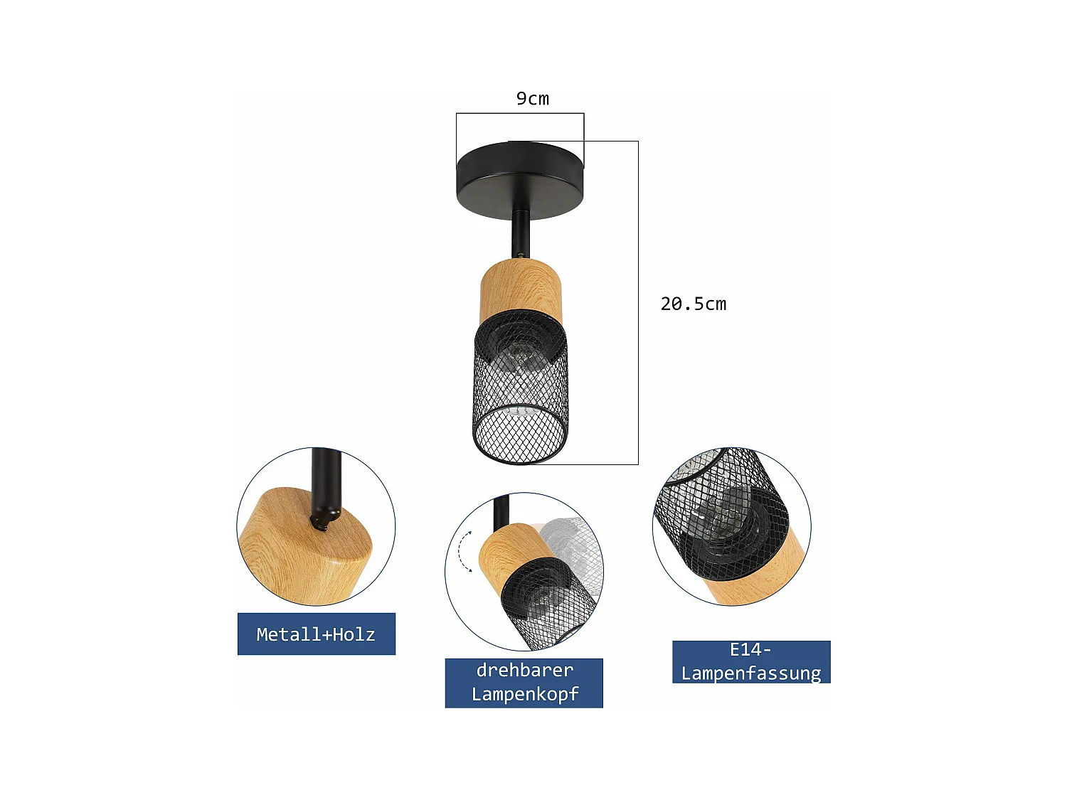 NETTLIFE Spot de plafond bois E14 plafonnier 350° spot mural orientable lampe de cuisine vintage