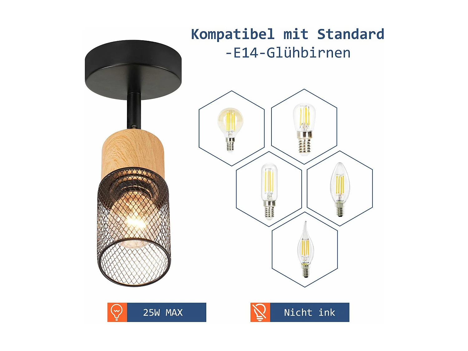 NETTLIFE Spot de plafond bois E14 plafonnier 350° spot mural orientable lampe de cuisine vintage