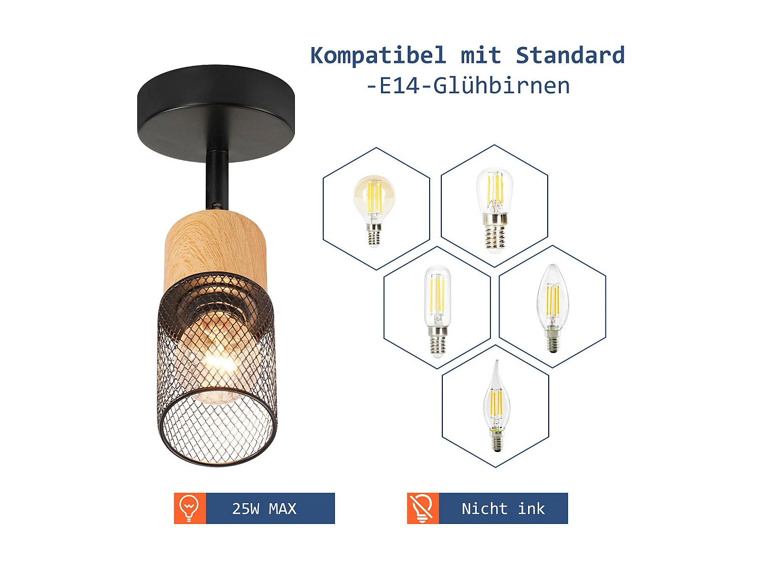 NETTLIFE Spot de plafond bois E14 plafonnier 350° spot mural orientable lampe de cuisine vintage