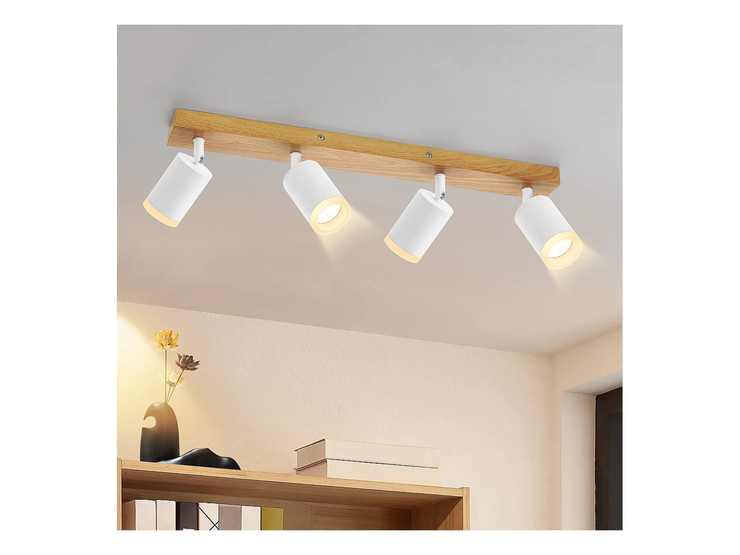 NETTLIFE Spot de plafond 4 flammes blanc bois GU10 Spot mural 350° orientable Vintage industriel rétro
