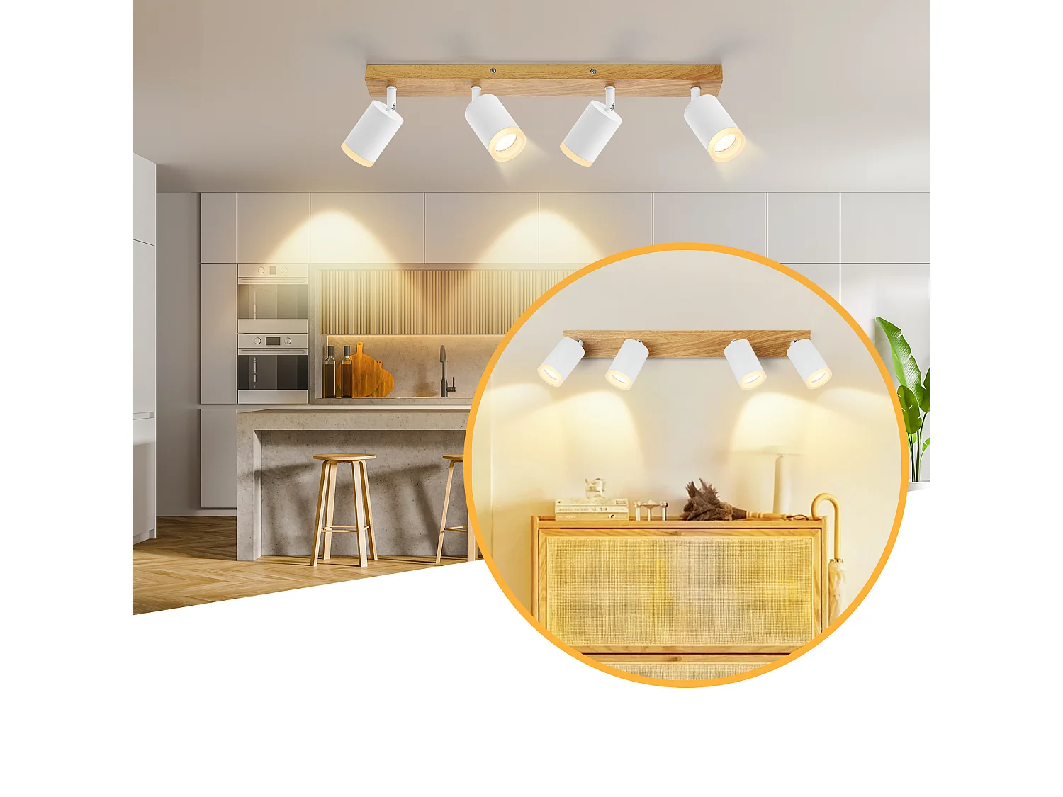 NETTLIFE Spot de plafond 4 flammes blanc bois GU10 Spot mural 350° orientable Vintage industriel rétro