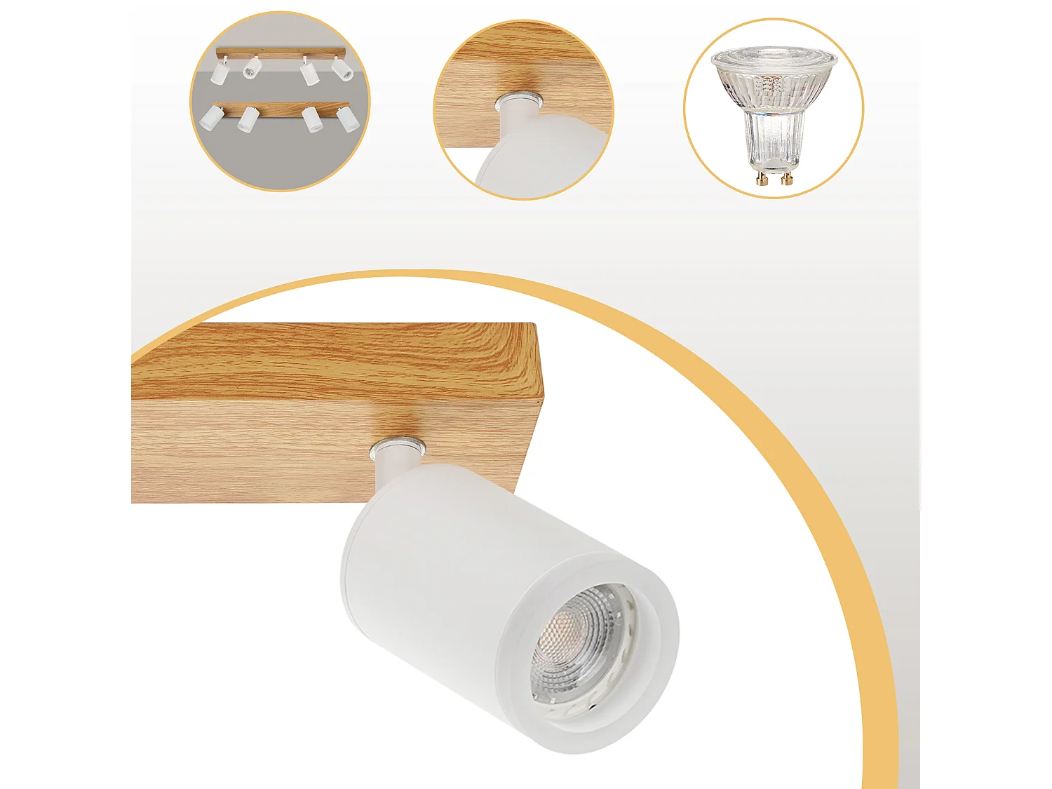 NETTLIFE Spot de plafond 4 flammes blanc bois GU10 Spot mural 350° orientable Vintage industriel rétro