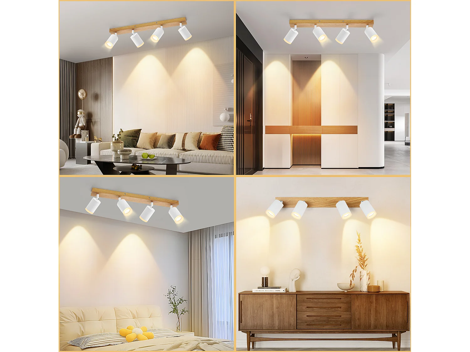 NETTLIFE Spot de plafond 4 flammes blanc bois GU10 Spot mural 350° orientable Vintage industriel rétro