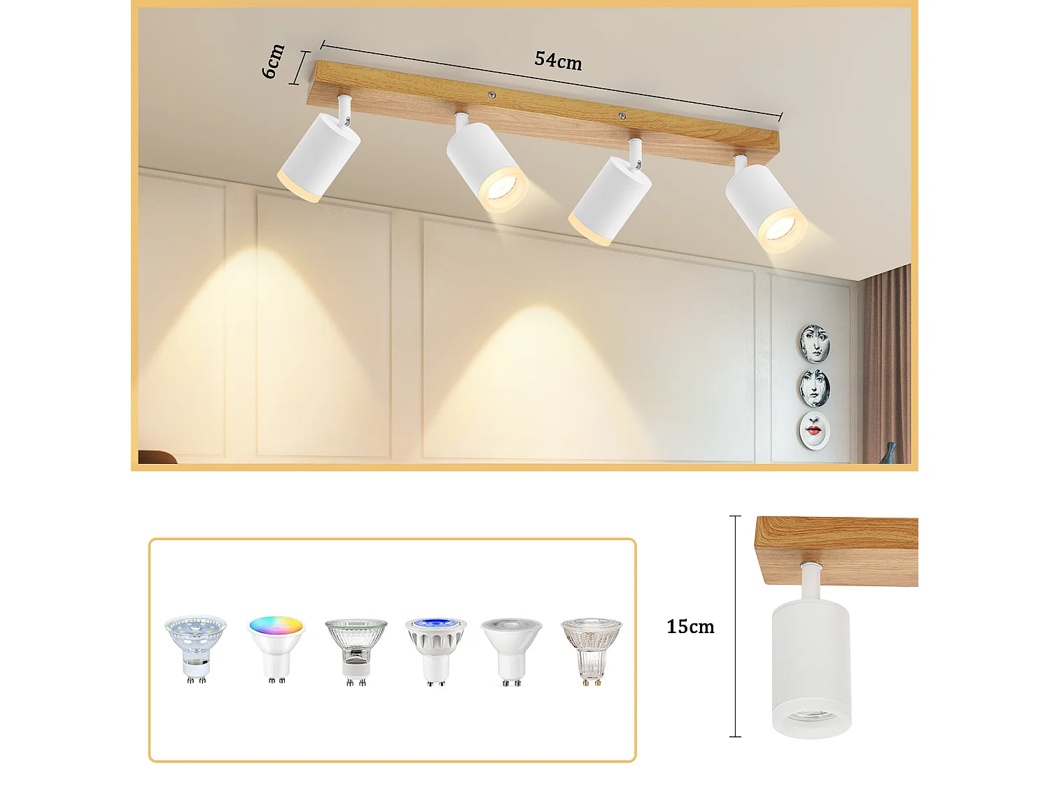 NETTLIFE Faretto da soffitto a 4 luci, finitura in legno bianco, lampadina GU10, faretto da parete orientabile a 350°, stile vintage