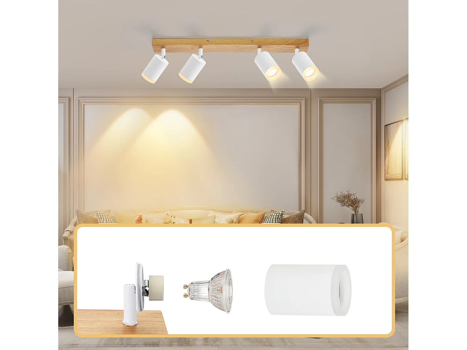 NETTLIFE Faretto da soffitto a 4 luci, finitura in legno bianco, lampadina GU10, faretto da parete orientabile a 350°, stile vintage