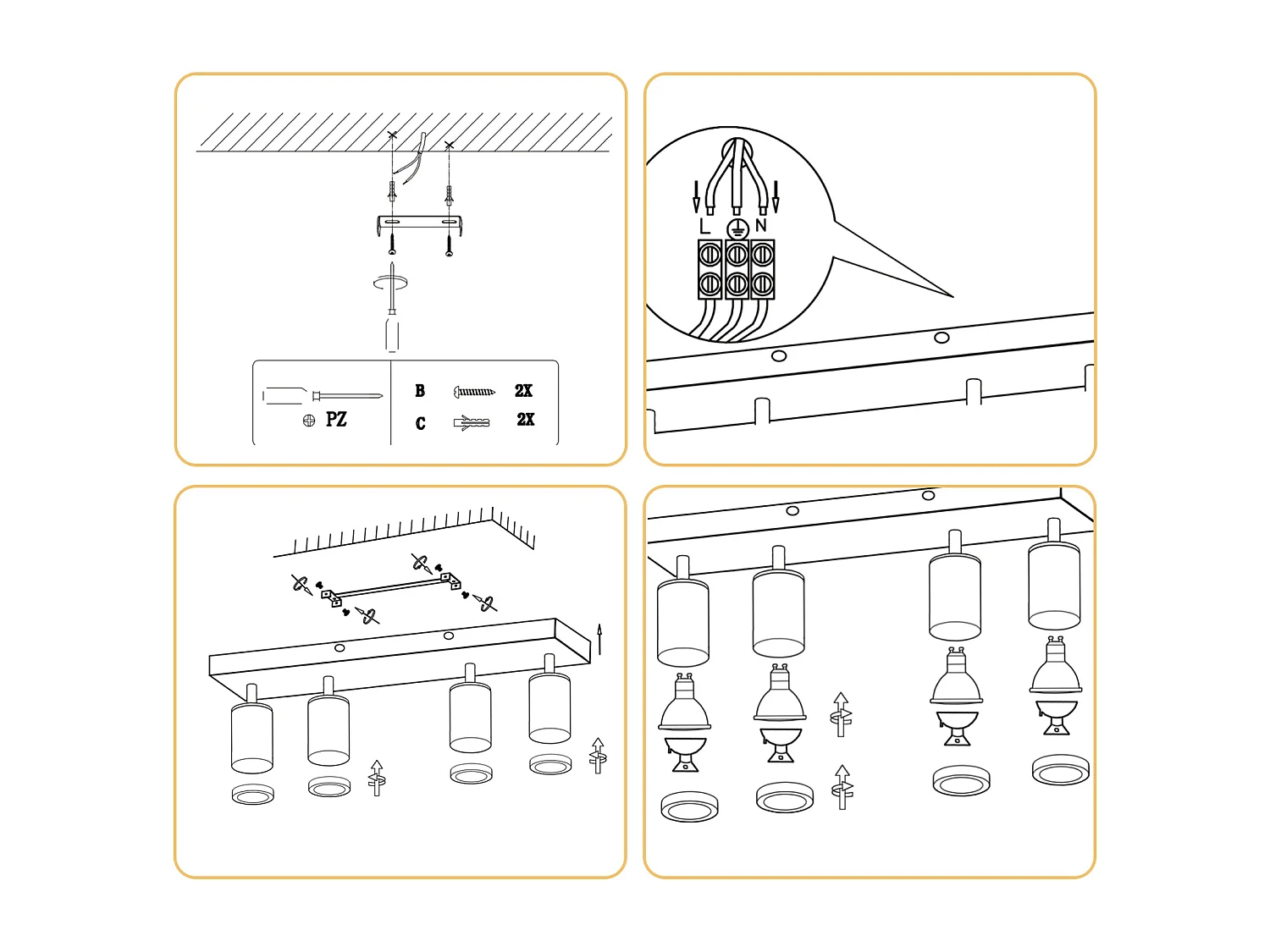 NETTLIFE Faretto da soffitto a 4 luci, finitura in legno bianco, lampadina GU10, faretto da parete orientabile a 350°, stile vintage