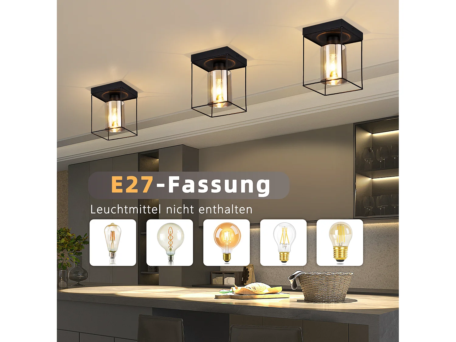 NETTLIFE Lampa sufitowa do korytarza, lampa sufitowa, szkło, 1 żarówka, E27, vintage, z czarnym metalem, styl retro industrialny