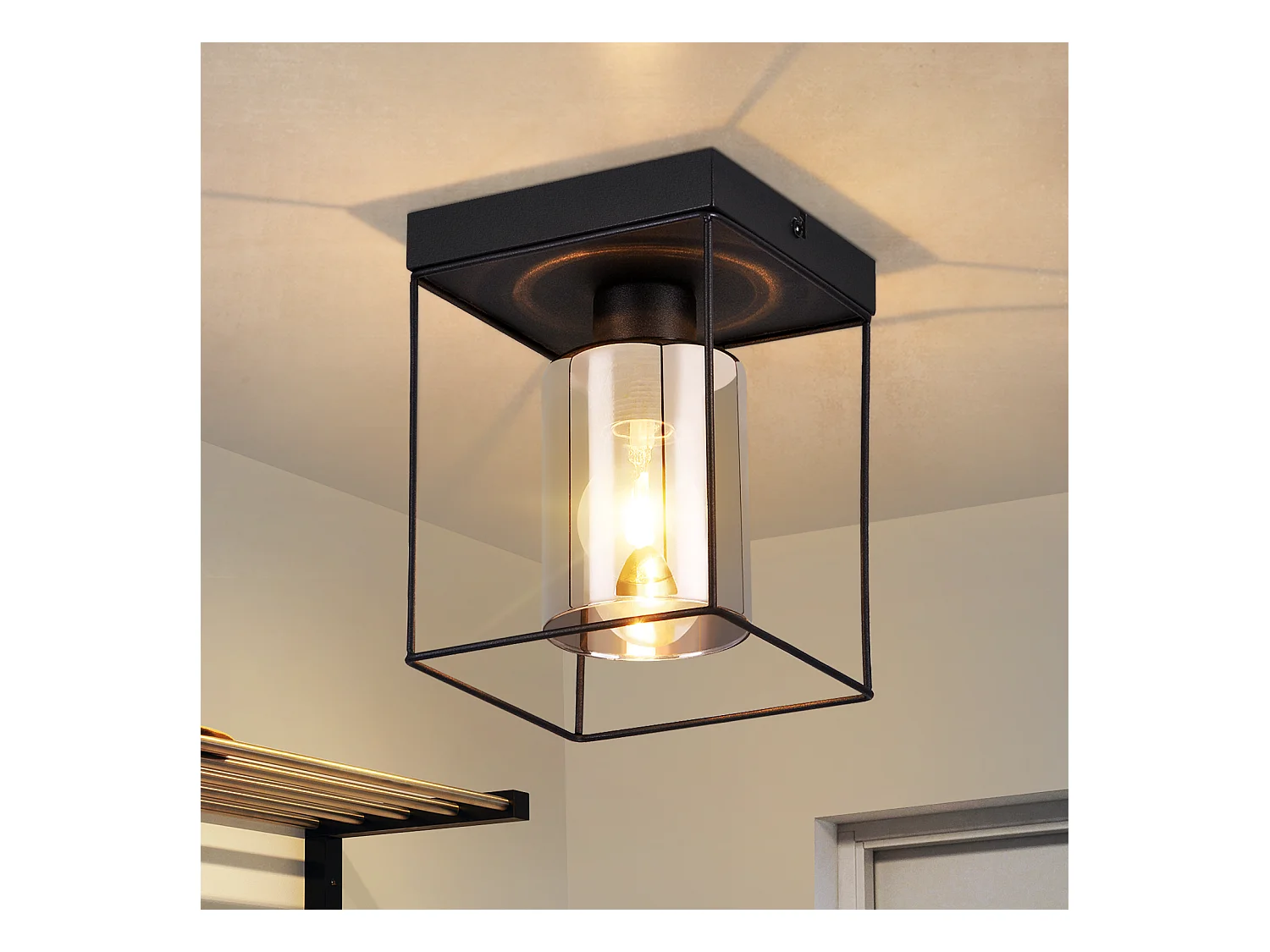 NETTLIFE Plafonnier couloir plafonnier verre 1 ampoule E27 vintage avec métal noir style industriel rétro