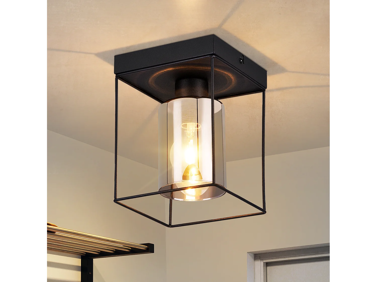 NETTLIFE Deckenleuchte Flur Deckenlampe Glas 1 flammig E27 Vintage mit schwarzem Metall Retro Industriestil