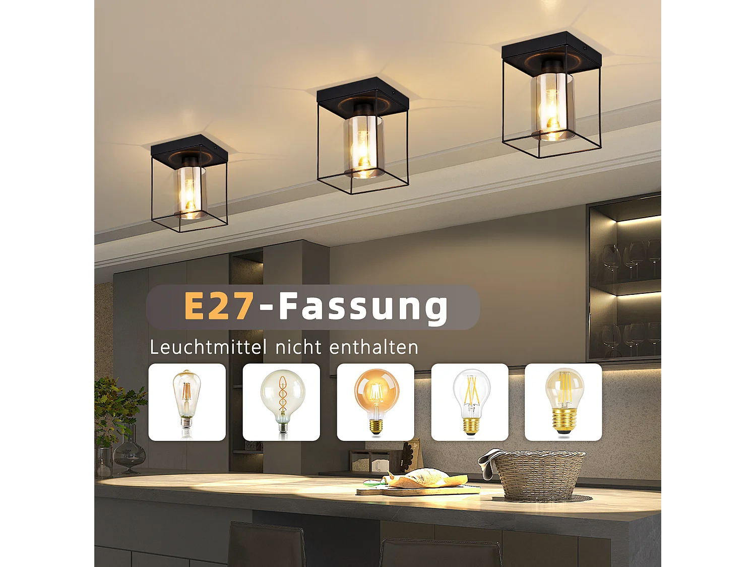 NETTLIFE Deckenleuchte Flur Deckenlampe Glas 1 flammig E27 Vintage mit schwarzem Metall Retro Industriestil