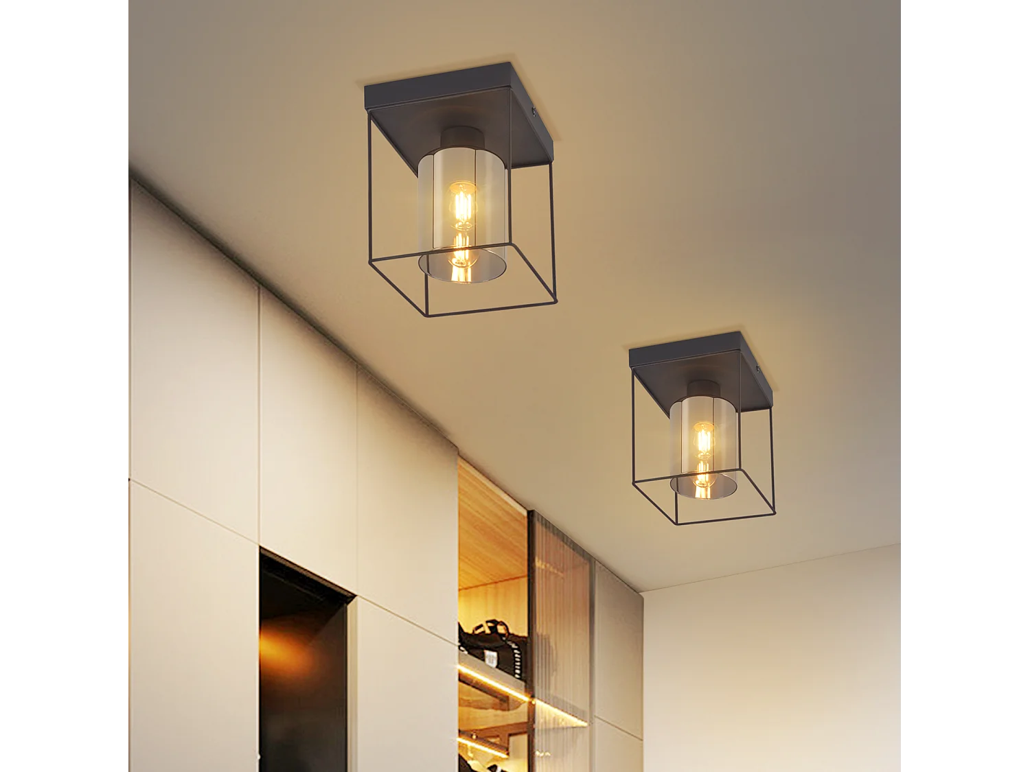 NETTLIFE Plafonnier couloir plafonnier verre 1 ampoule E27 vintage avec métal noir style industriel rétro