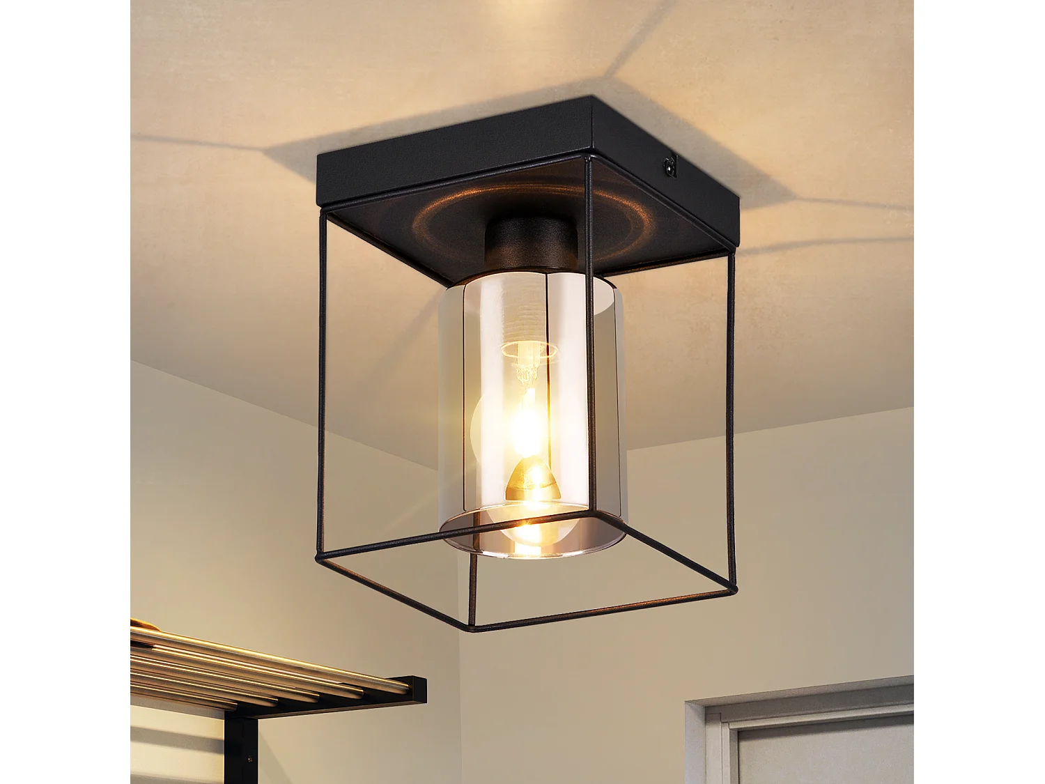 NETTLIFE Vintage Industrie Retro Glas-Deckenleuchte für Flur, 1 E27 Glühbirne, mit schwarzem Metallrahmen