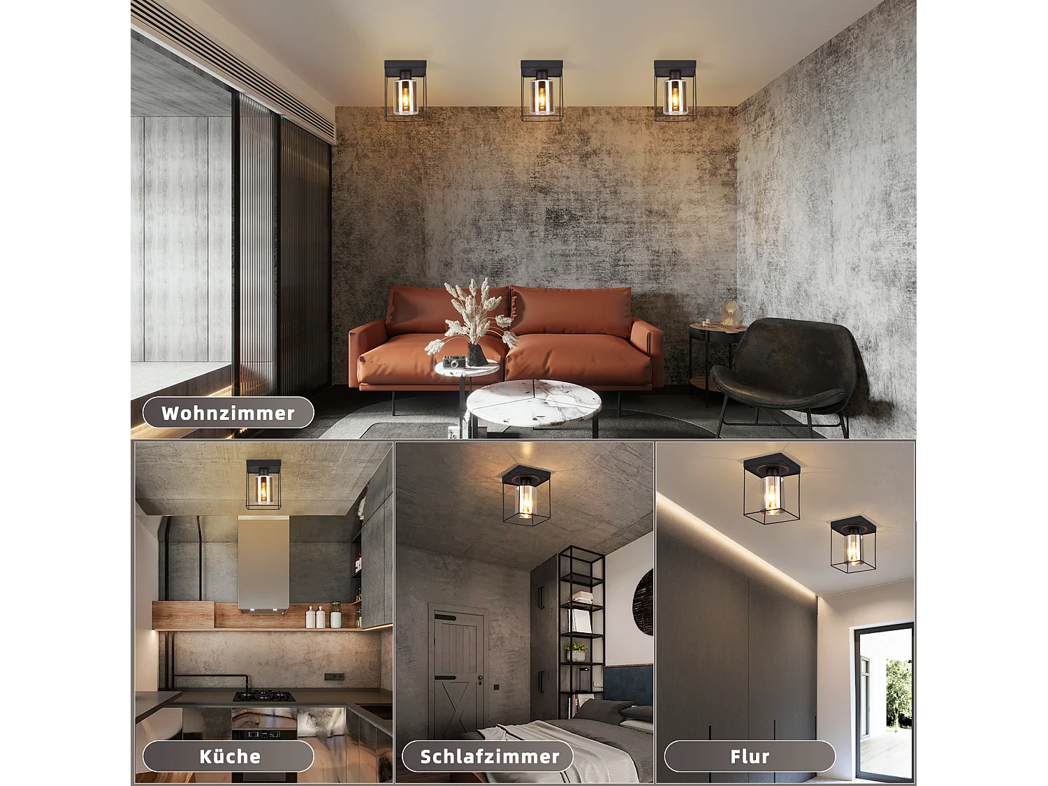 NETTLIFE Vintage Industrie Retro Glas-Deckenleuchte für Flur, 1 E27 Glühbirne, mit schwarzem Metallrahmen