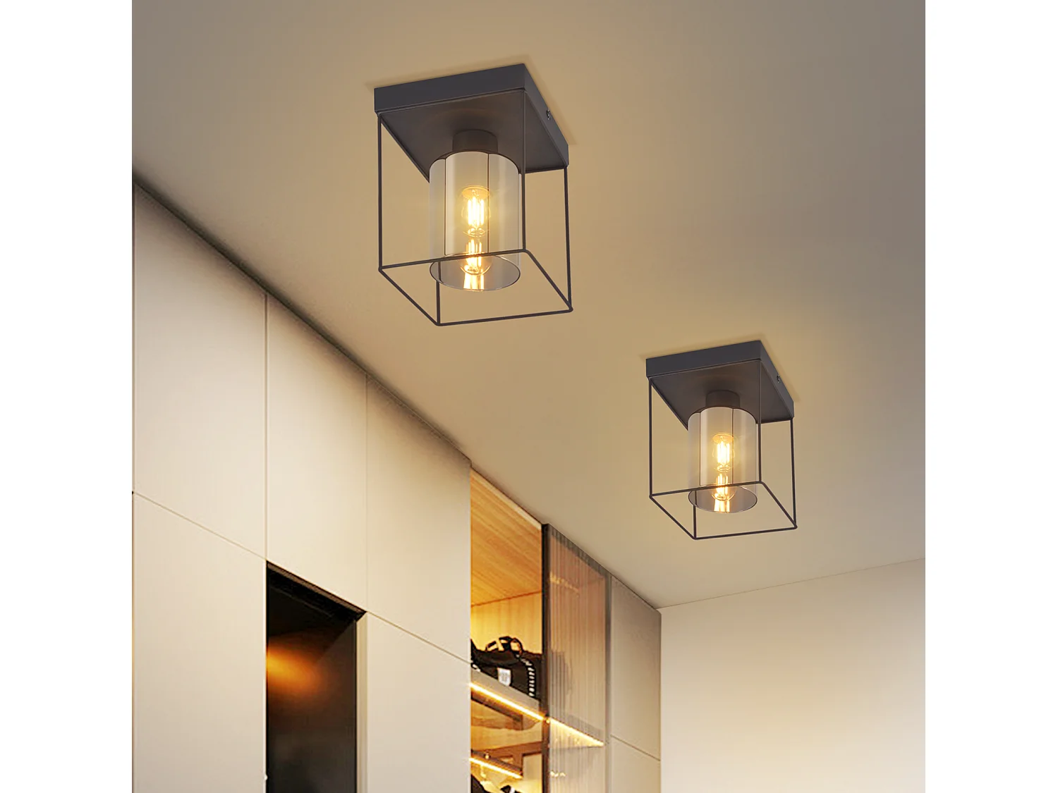 NETTLIFE Vintage Industrie Retro Glas-Deckenleuchte für Flur, 1 E27 Glühbirne, mit schwarzem Metallrahmen