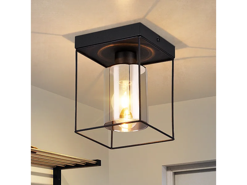 NETTLIFE Plafonnier couloir plafonnier verre 1 ampoule E27 vintage avec métal noir style industriel rétro