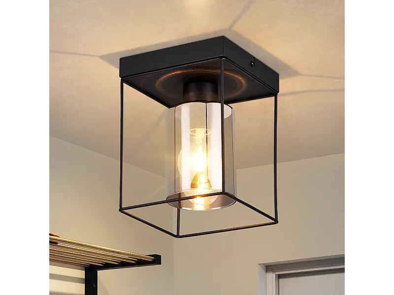 NETTLIFE Deckenleuchte Flur Deckenlampe Glas 1 flammig E27 Vintage mit schwarzem Metall Retro Industriestil