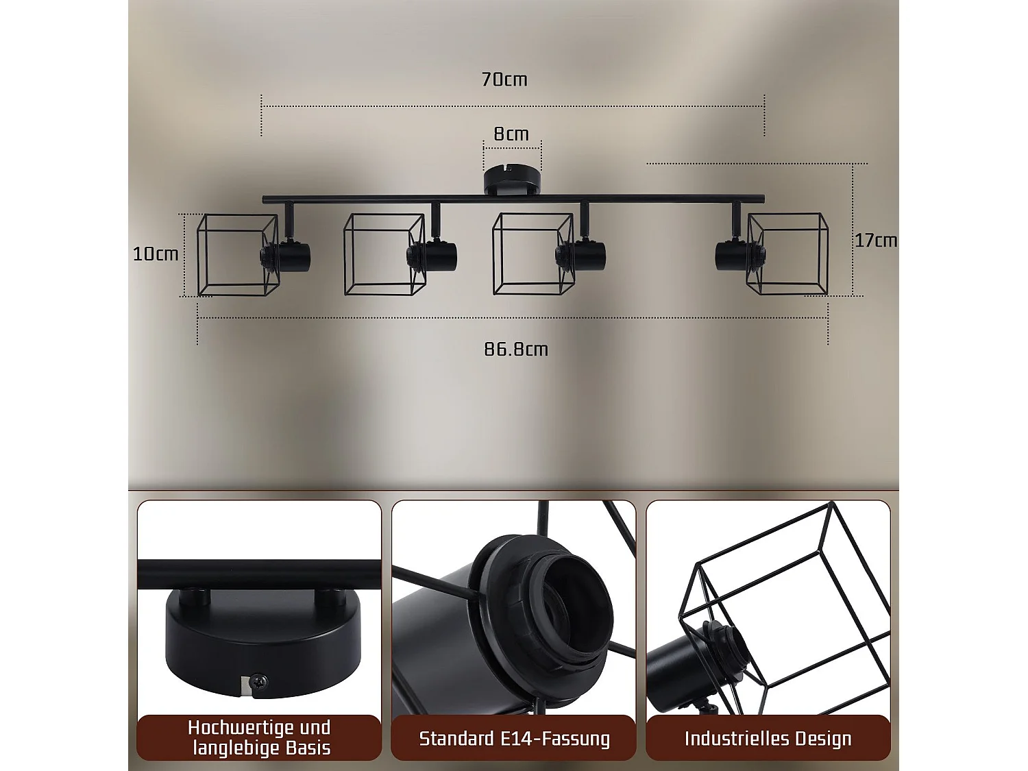NETTLIFE Spot de plafond noir E14 plafonnier orientable à 350° vintage métal salon orientable sans ampoule
