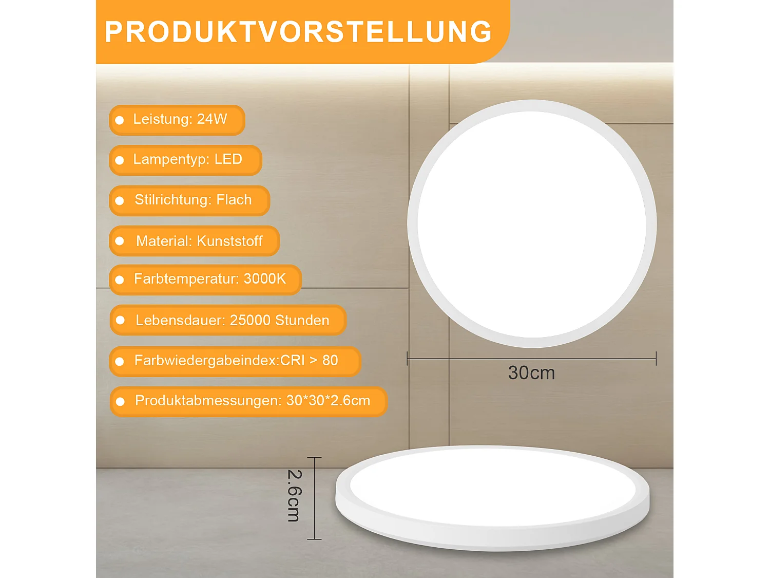 NETTLIFE Deckenleuchte Flache LED Deckenleuchte - Ø30cm Rund Dimmbar Badezimmerlampe Weiß 24W