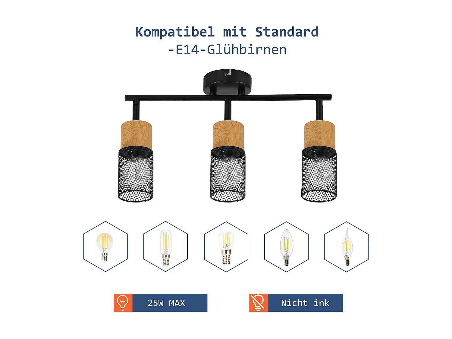 NETTLIFE Houten plafondspot E14 plafondlamp 350° verstelbare wandspot zonder lamp