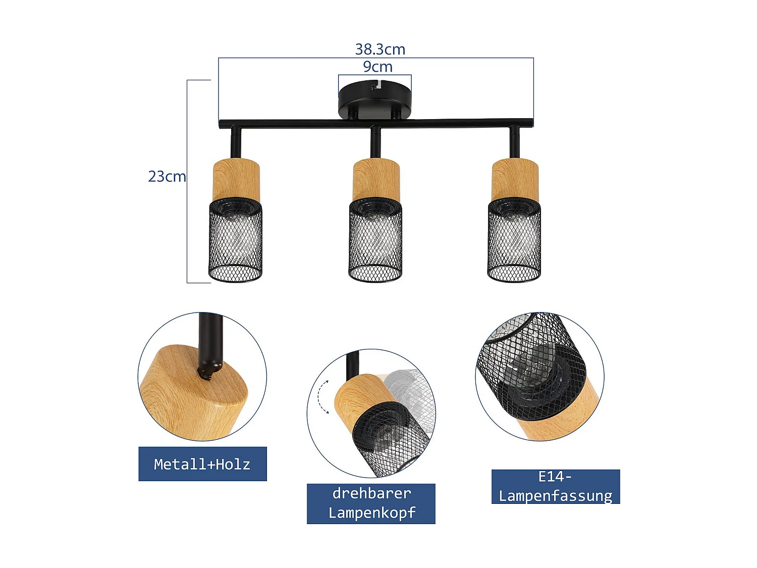 NETTLIFE Houten plafondspot E14 plafondlamp 350° verstelbare wandspot zonder lamp