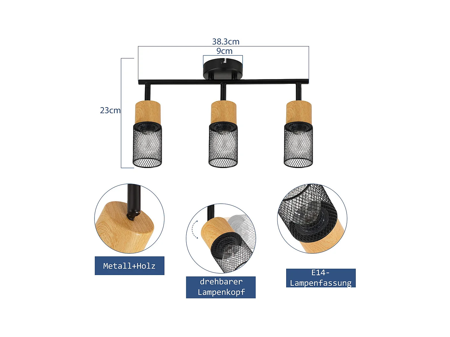 NETTLIFE Spot de plafond bois E14 plafonnier 350° spot mural orientable lampe de cuisine vintage orientable sans ampoule