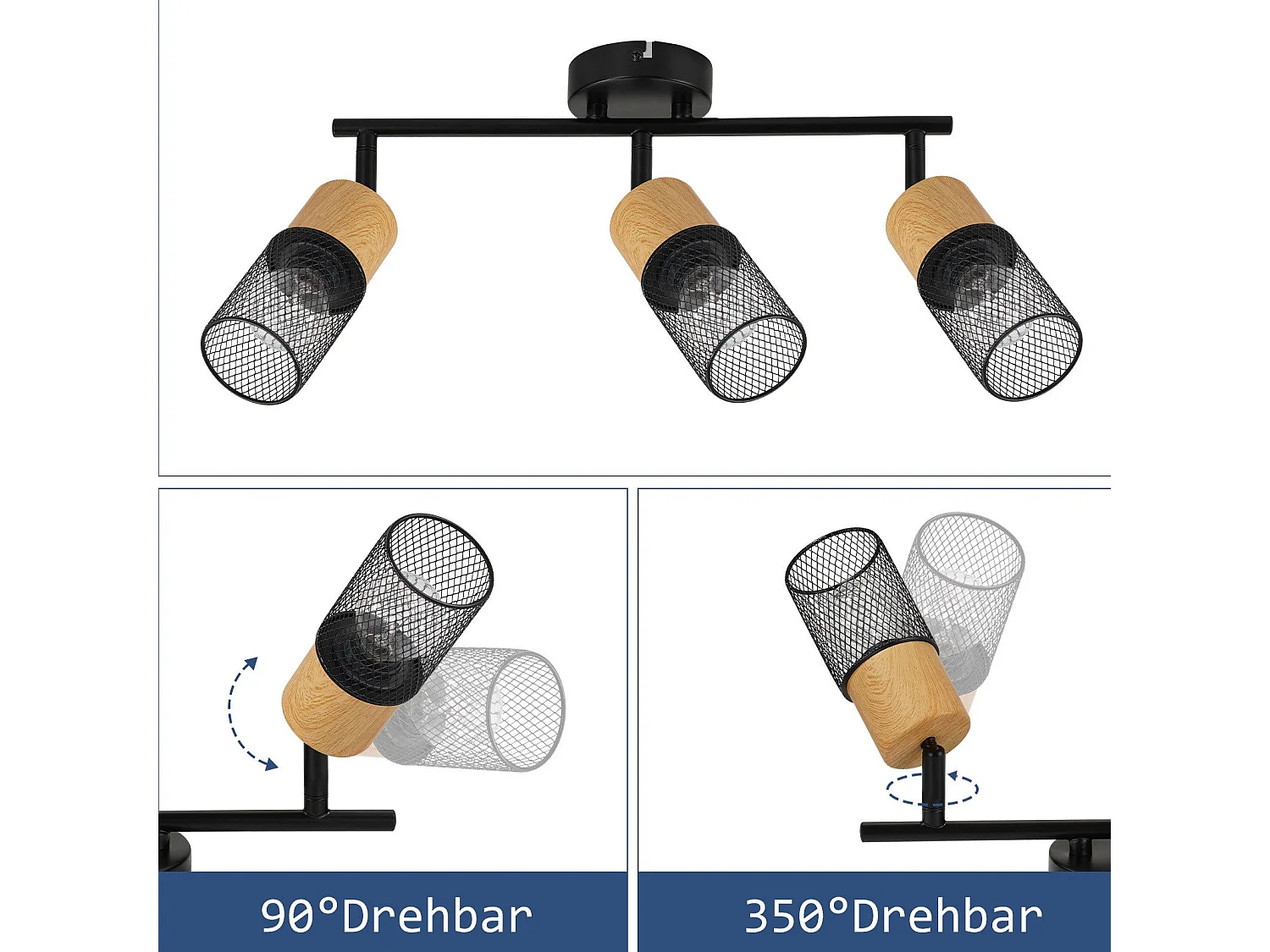 NETTLIFE Spot de plafond bois E14 plafonnier 350° spot mural orientable lampe de cuisine vintage orientable sans ampoule