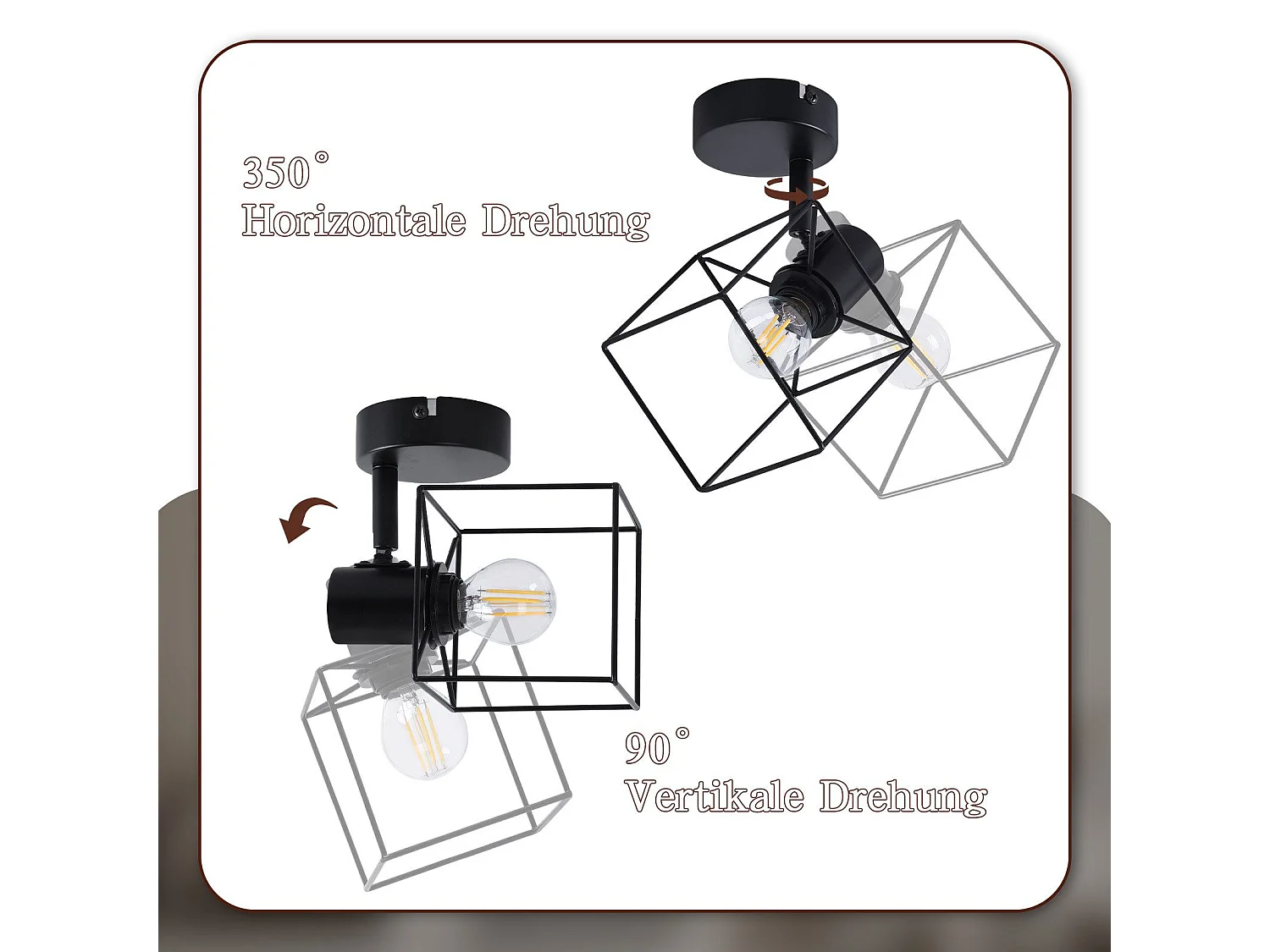 NETTLIFE Foco de techo negro E14 ajustable 350° Lámpara de techo vintage de metal para sala de estar