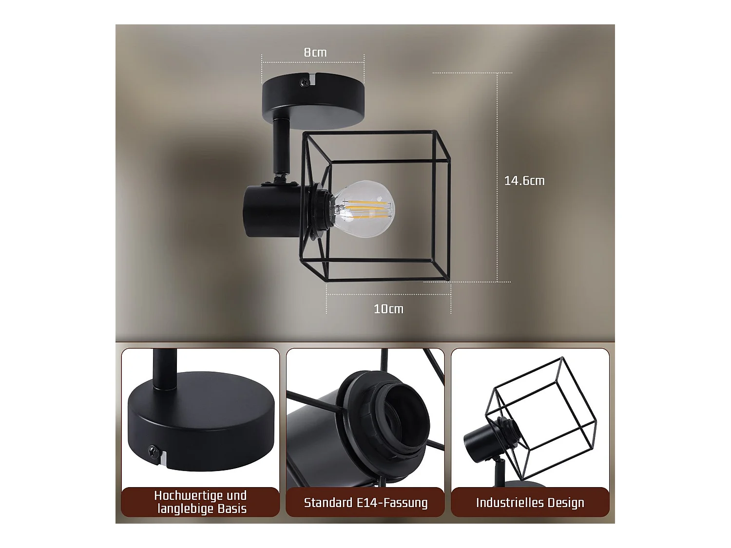 NETTLIFE Spot de plafond noir E14 plafonnier orientable à 350° vintage métal salon