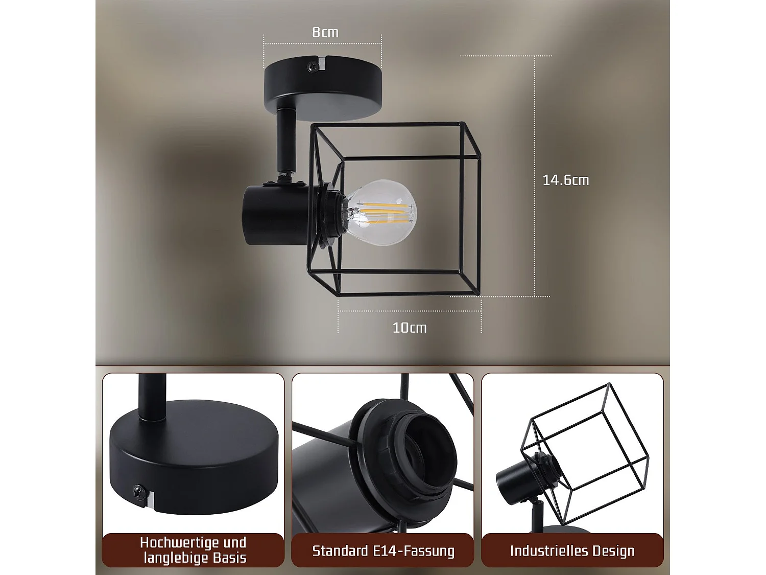 NETTLIFE Spot de plafond noir E14 plafonnier orientable à 350° vintage métal salon