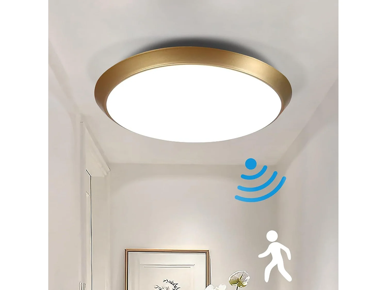 NETTLIFE Lampa sufitowa z czujnikiem ruchu, 15W, złota dioda LED, IP44, Ø30cm, 4000K, do przedpokoju, klatki schodowej, warsztatu