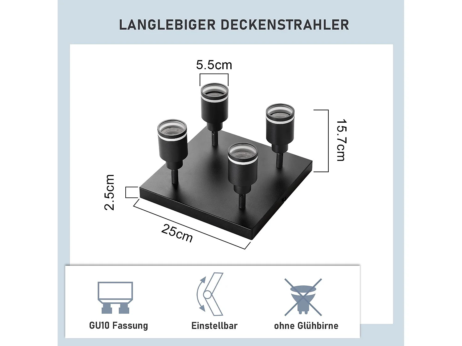 NETTLIFE LED Deckenleuchte 4 Deckenstrahler Schwarz Quadratische Modelle Verstellbare Wandhalterung GU10 Innen Metall Ohne Leuchtmittel