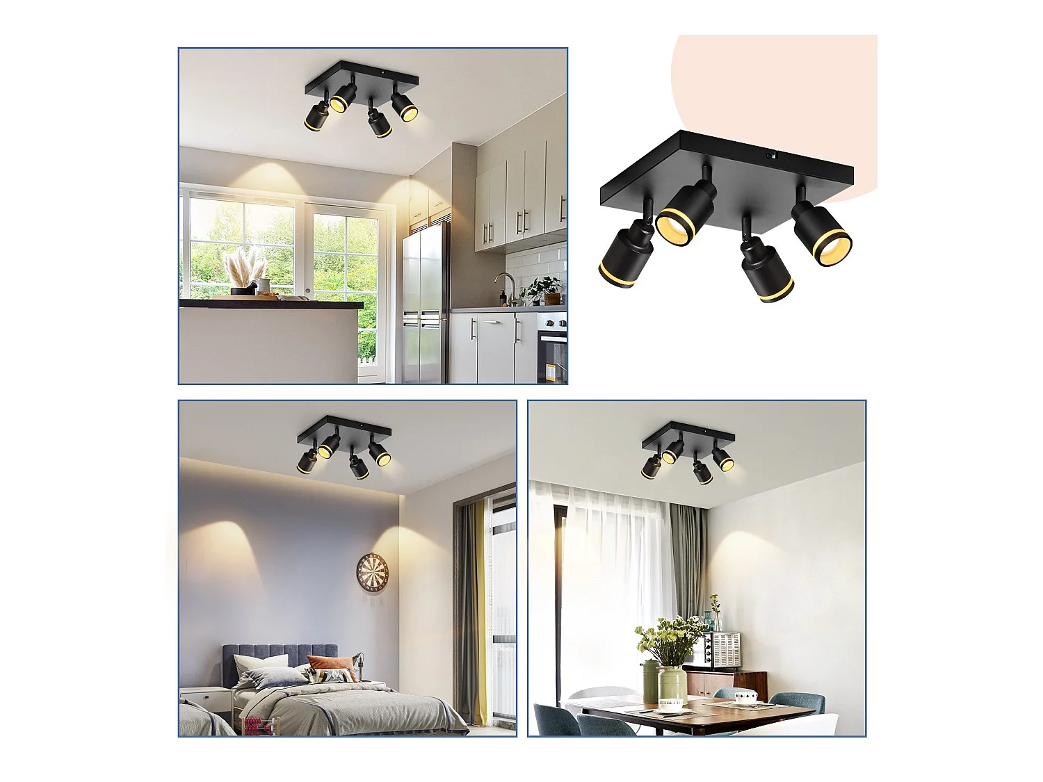 NETTLIFE Plafonnier LED 4 Spots de plafond : modèles carrés plafonnier noirs Spot mural orientable GU10 intérieur métal, sans ampoule