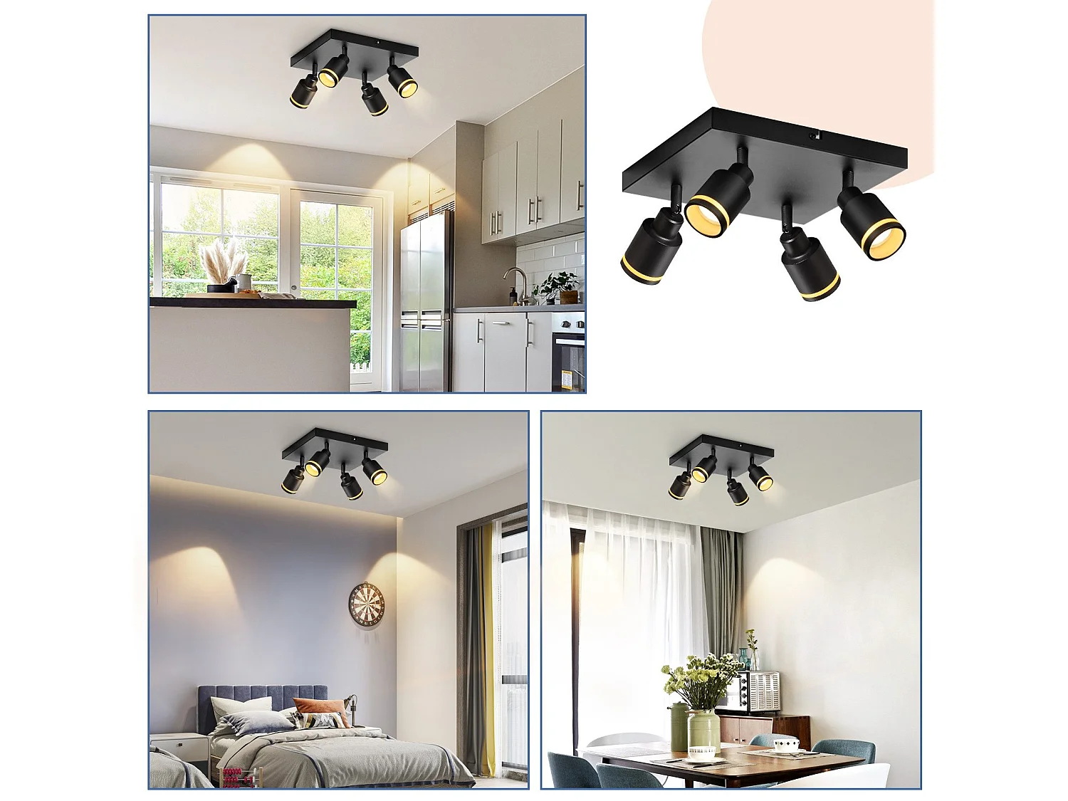 NETTLIFE Plafonnier LED 4 Spots de plafond : modèles carrés plafonnier noirs Spot mural orientable GU10 intérieur métal, sans ampoule