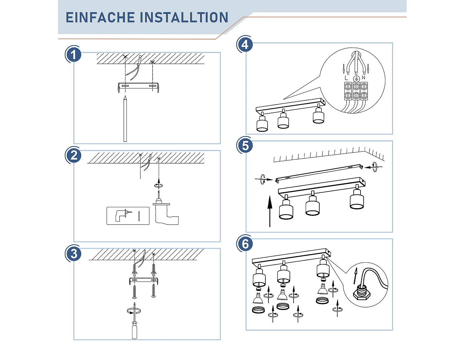 NETTLIFE Plafonnier Blanc moderne : 3 spots de plafond orientables en métal, plafonnier GU10, pour chambre, salle à manger, sans ampoule