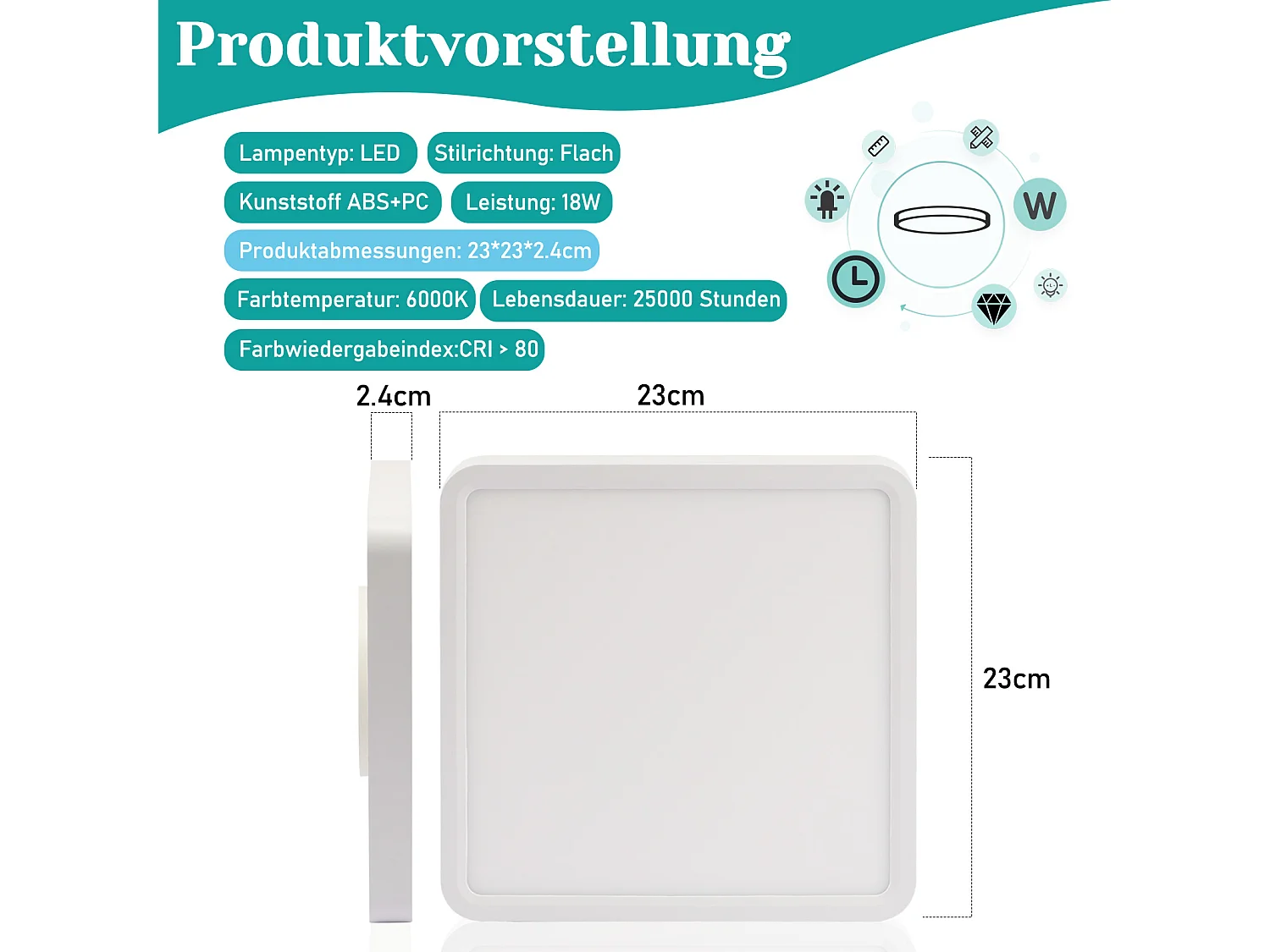 NETTLIFE Plafonnier LED plat 23CM 6500K 18W carré chambre blanc LED intégré en permanence