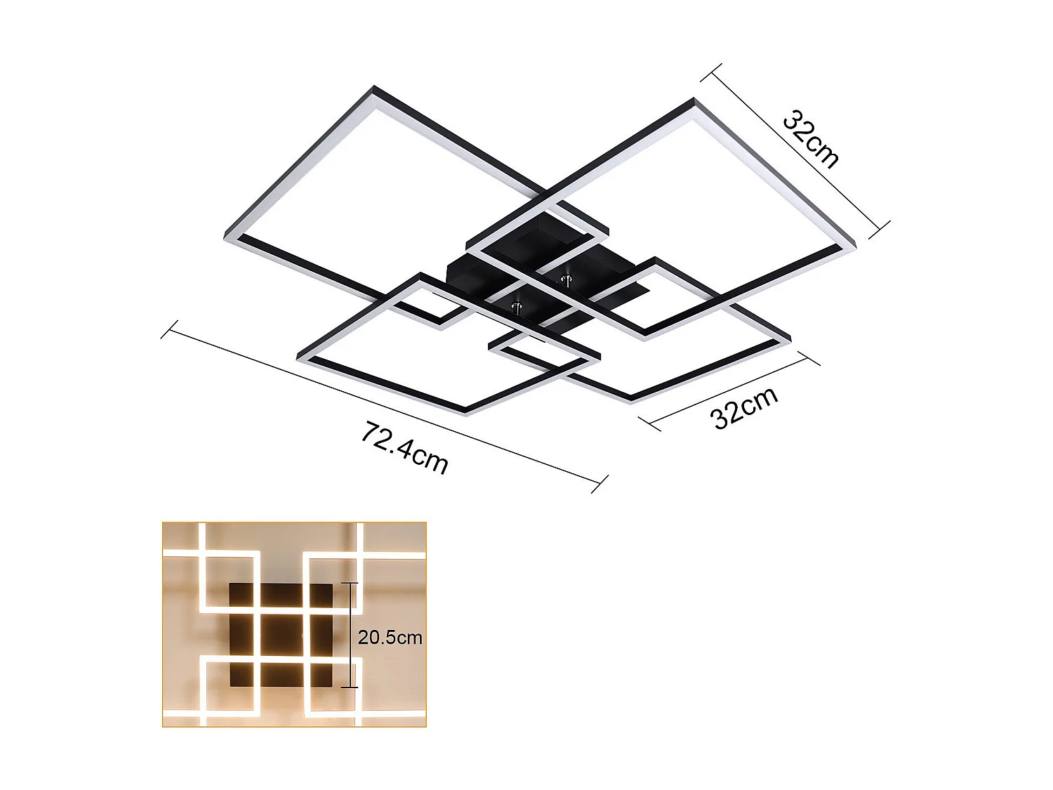 NETTLIFE Plafonnier LED Salon Plafonnier 72CM Noir Dimmable avec Télécommande 48W Design Rectangulaire Moderne