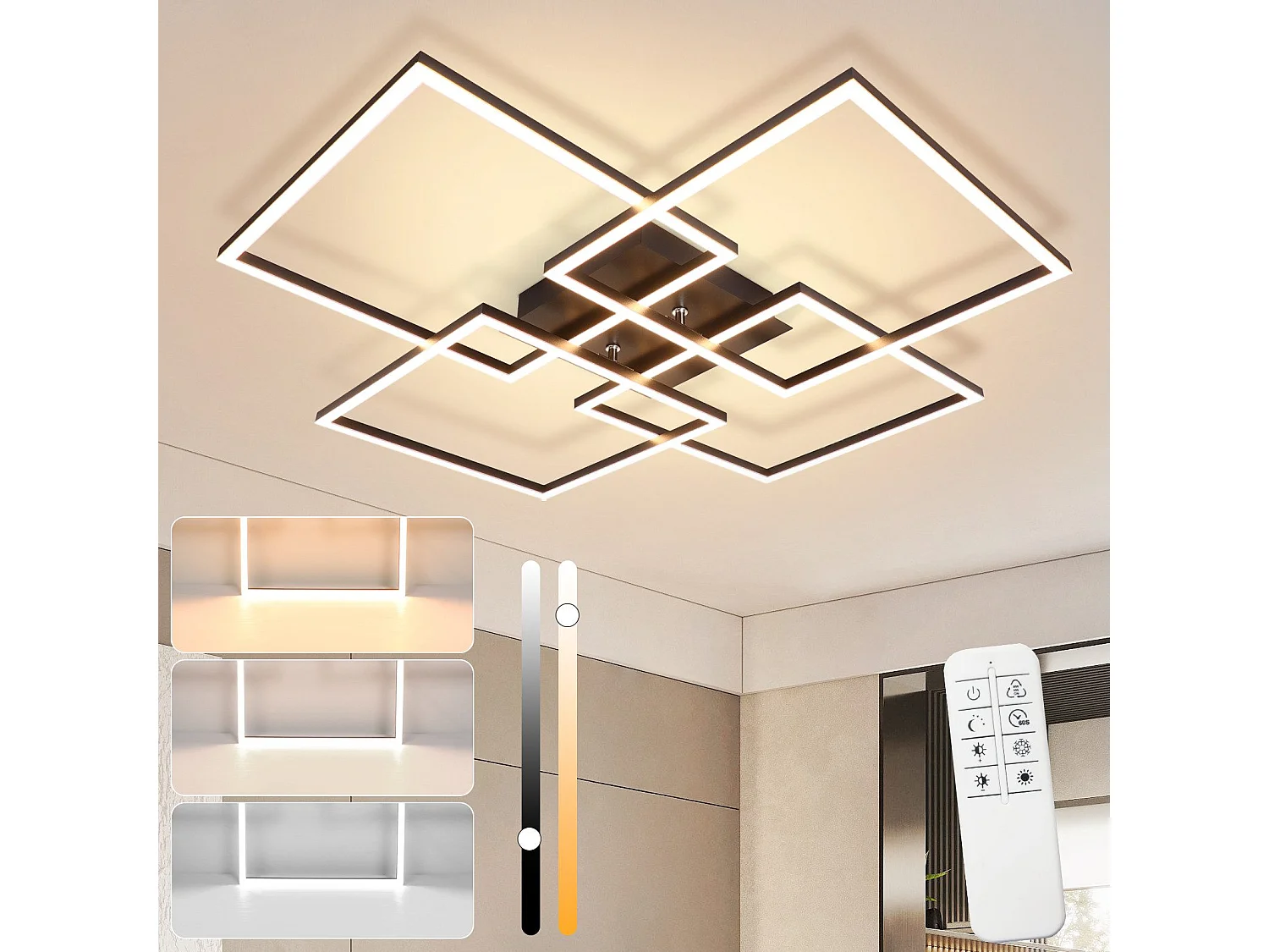 NETTLIFE Plafondlamp LED Vierkant 4 Lichts Zwart 3000-6500K Dimbaar met afstandsbediening Modern Plafondlamp 72cm voor Woonkamer | Keuken | Slaapkamer 48W