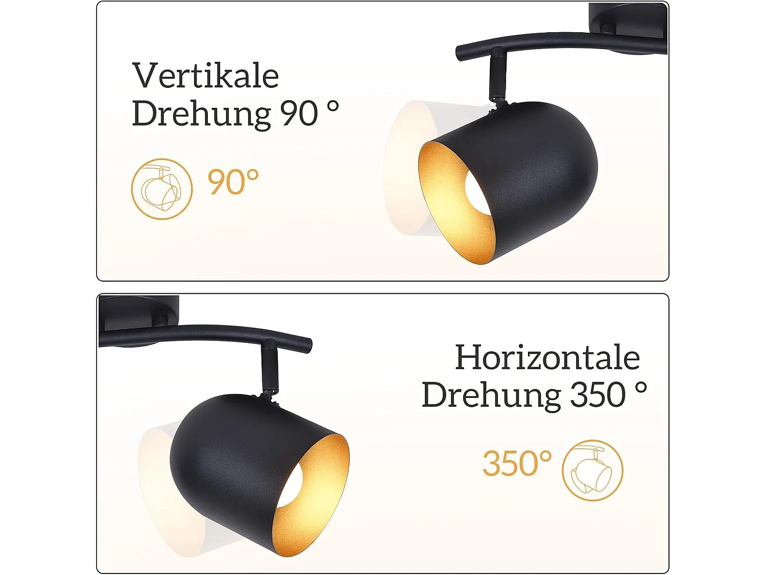 NETTLIFE Deckenleuchte E14 Schwarz Gold Vintage Deckenstrahler verstellbar ohne Leuchtmittel 350° verstellbar