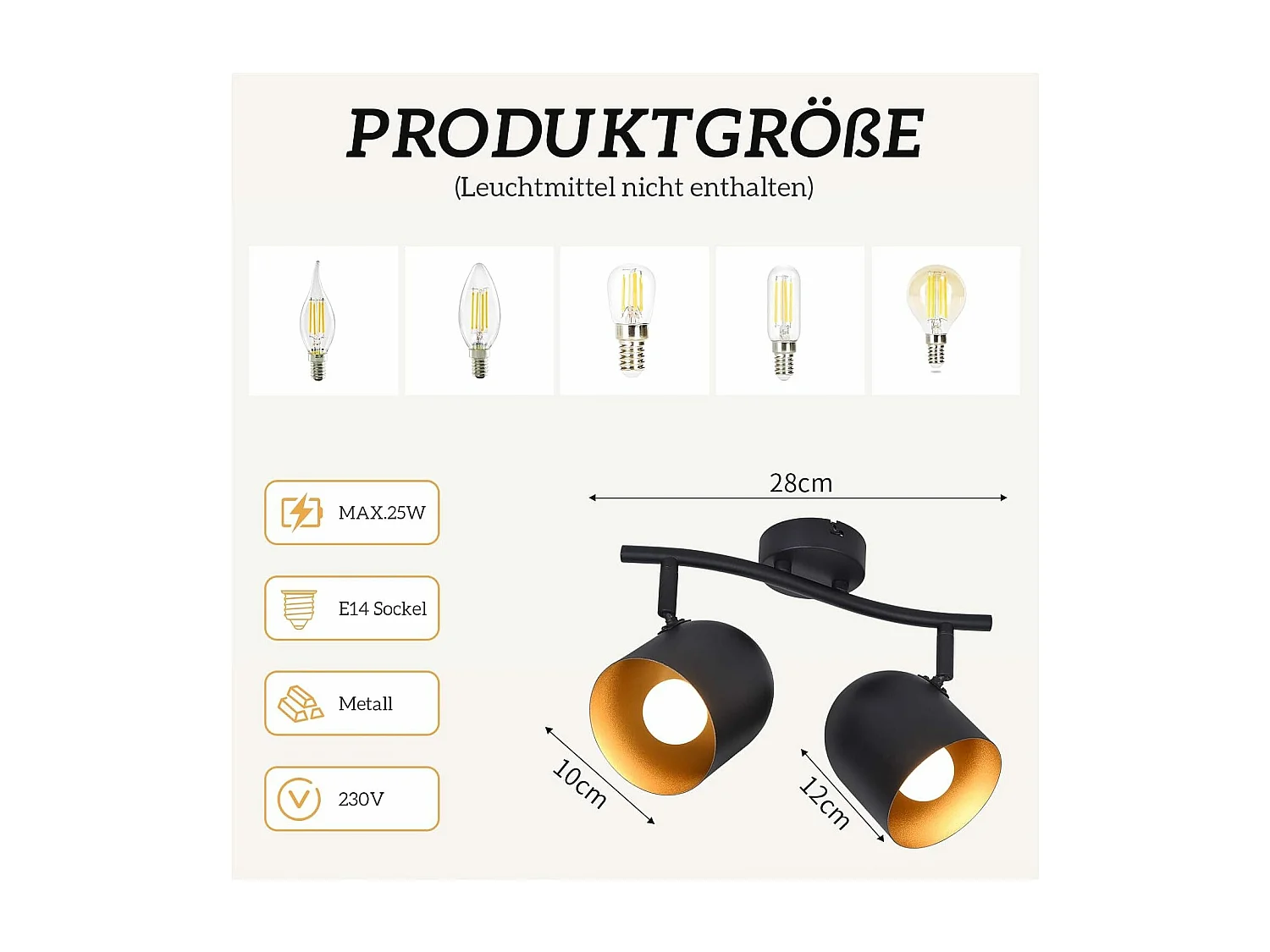 NETTLIFE Deckenleuchte E14 Schwarz Gold Vintage Deckenstrahler verstellbar ohne Leuchtmittel 350° verstellbar