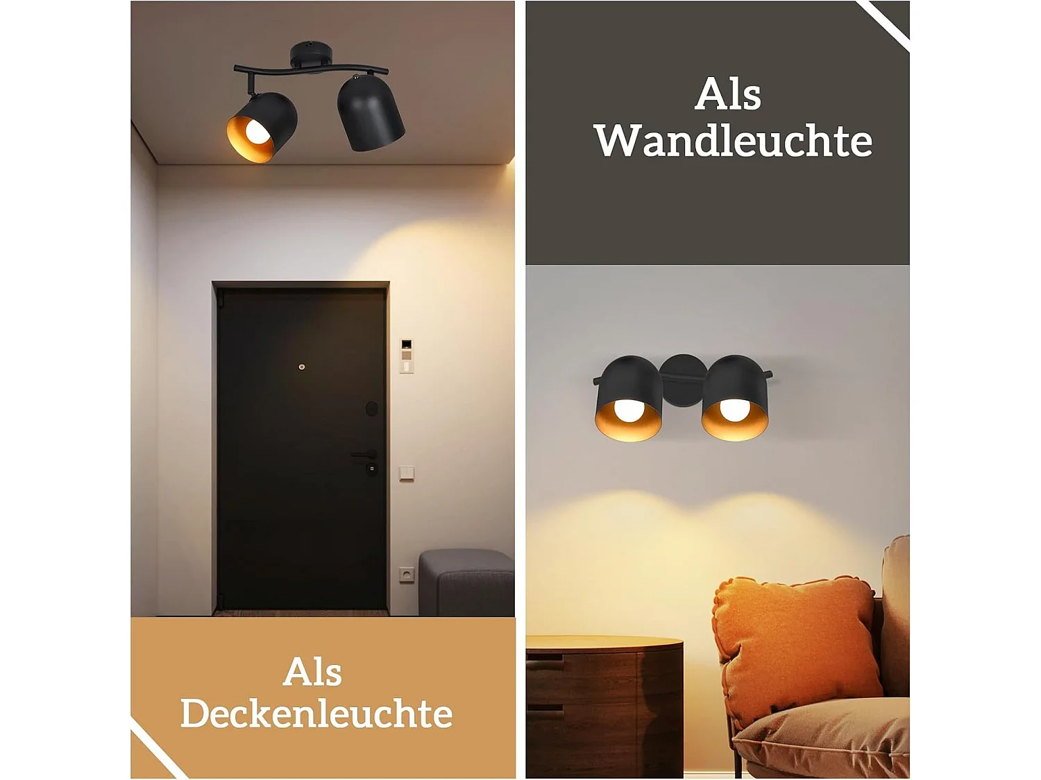 NETTLIFE Plafonnier E14 noir doré spot de plafond lampe de couloir industrielle vintage orientable sans ampoule orientable à 350°