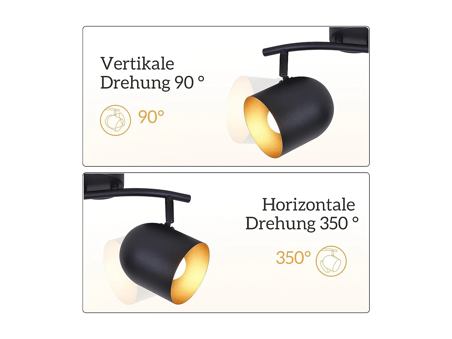 NETTLIFE E14 Schwarz-Goldener Vintage-Deckenstrahler mit verstellbarer Leuchte (Leuchtmittel nicht enthalten) und 350°-Drehung