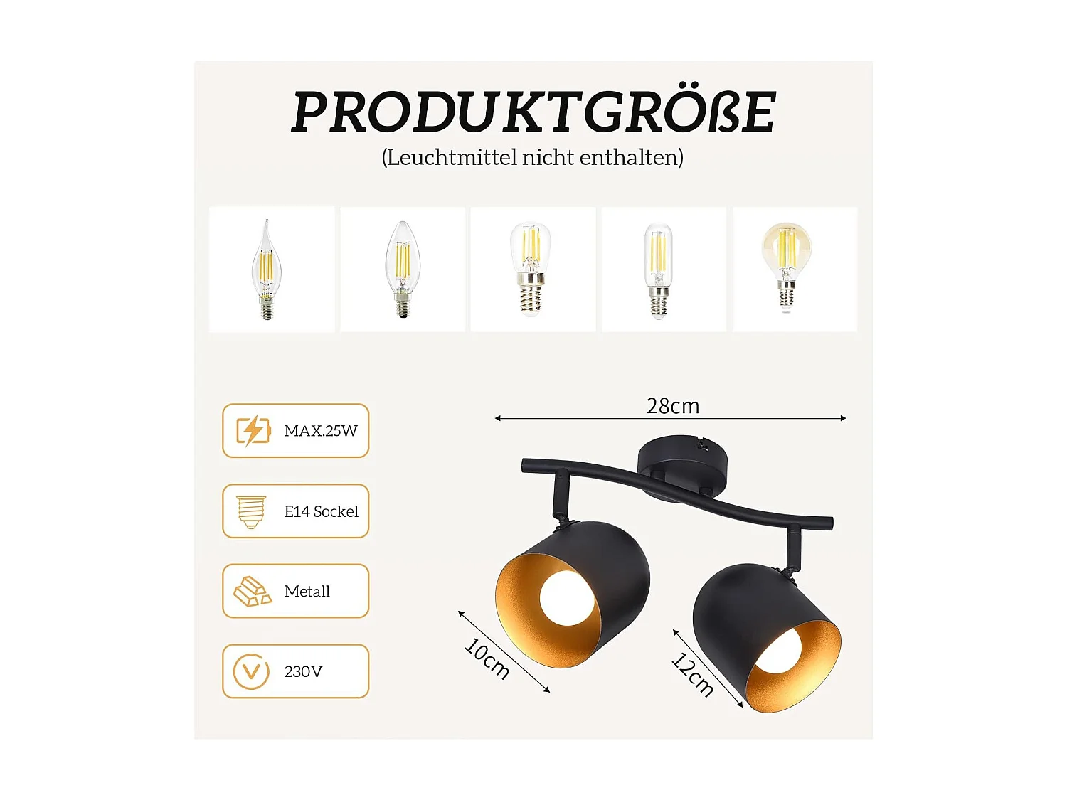 NETTLIFE E14 Schwarz-Goldener Vintage-Deckenstrahler mit verstellbarer Leuchte (Leuchtmittel nicht enthalten) und 350°-Drehung