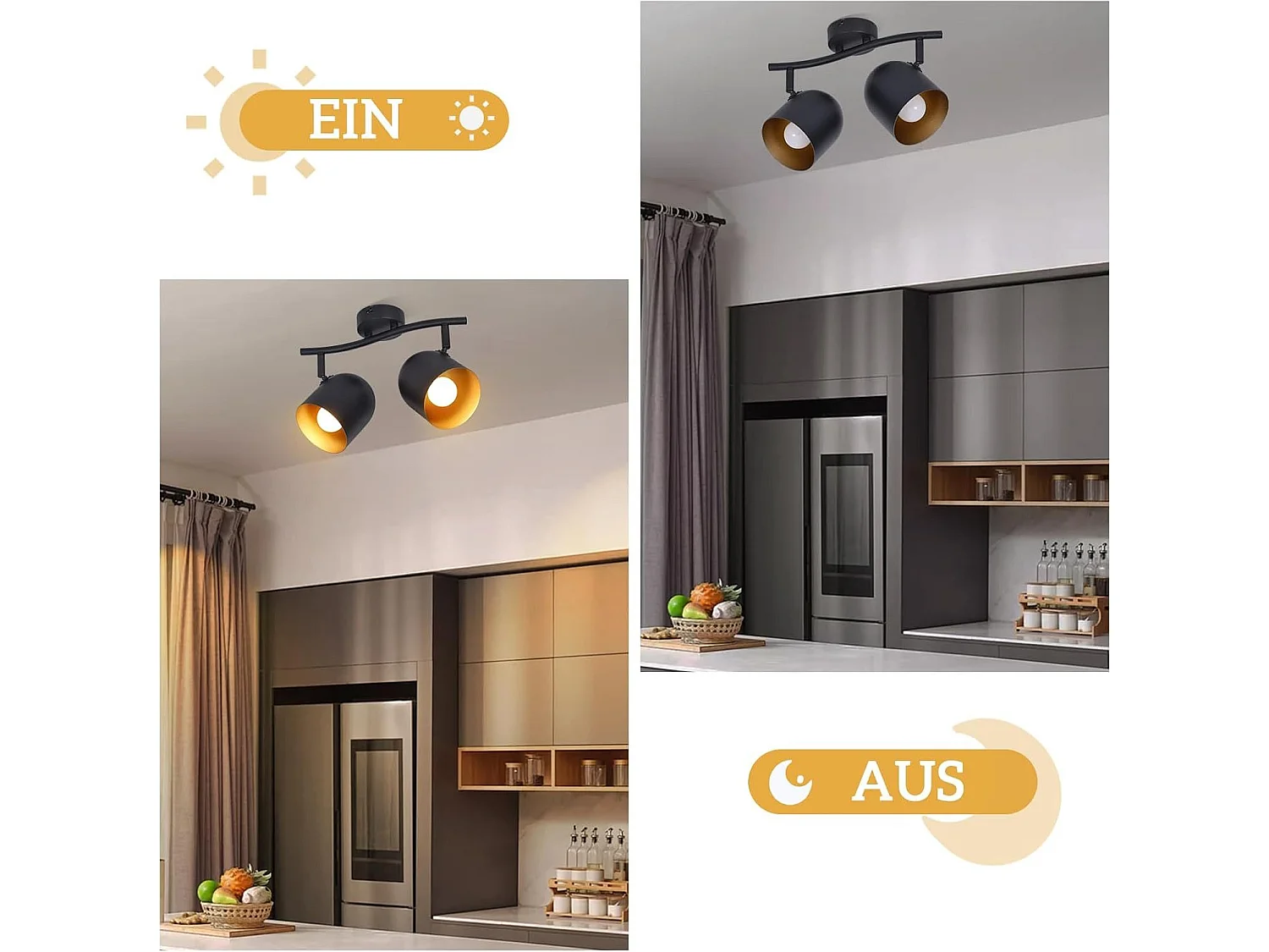 NETTLIFE E14 Schwarz-Goldener Vintage-Deckenstrahler mit verstellbarer Leuchte (Leuchtmittel nicht enthalten) und 350°-Drehung