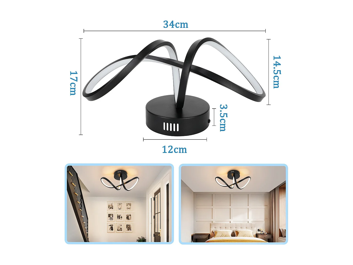 NETTLIFE Plafonnier LED salon moderne noir 12W intérieur 3000K LED blanc chaud intégré en permanence