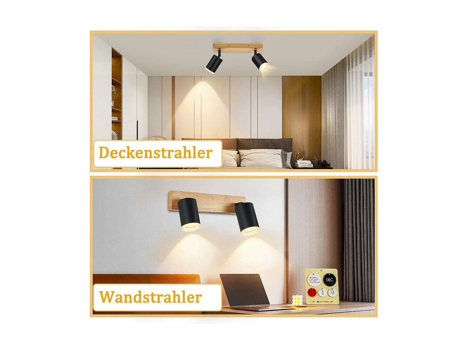 NETTLIFE Schwarzer Deckenstrahler GU10 Holz Wandstrahler Drehbar Ohne Leuchtmittel 350° Drehbar