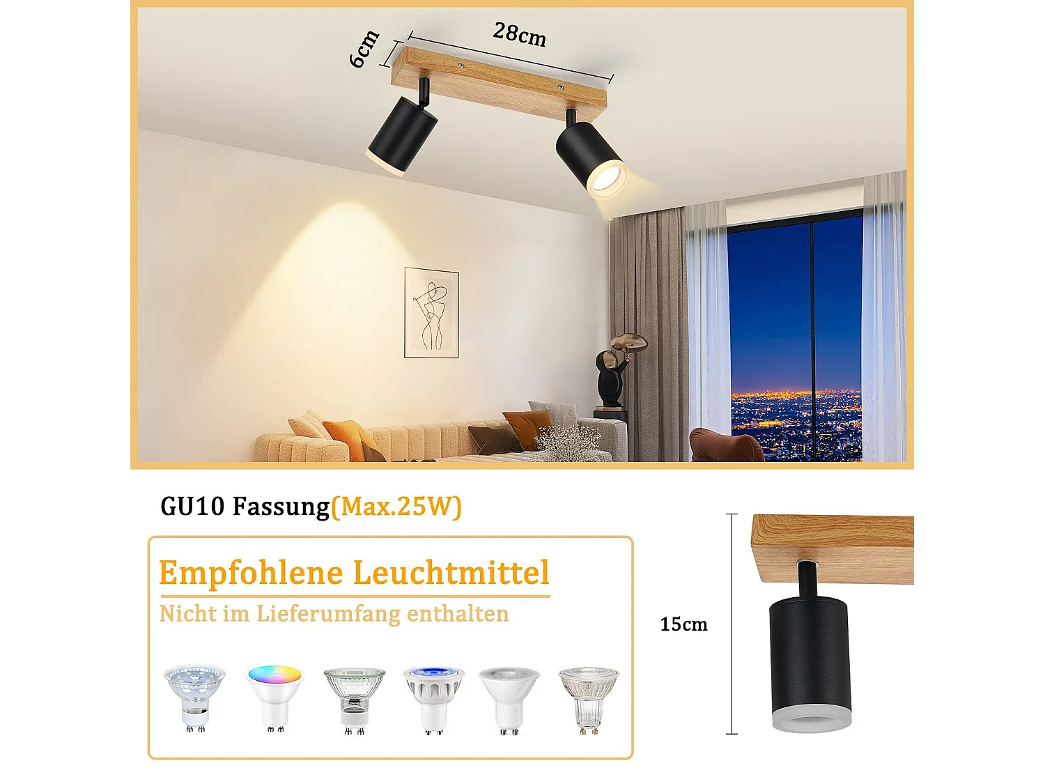 NETTLIFE Schwarzer Deckenstrahler GU10 Holz Wandstrahler Drehbar Ohne Leuchtmittel 350° Drehbar