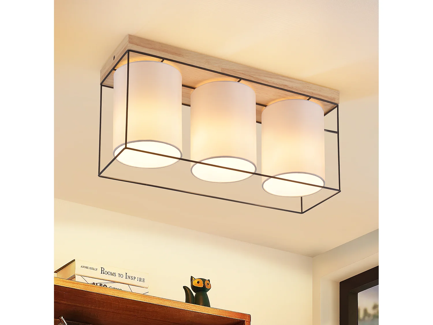 NETTLIFE Lámpara de techo para salón, de madera, 3 bombillas E14, estilo vintage con toques retro industrial.